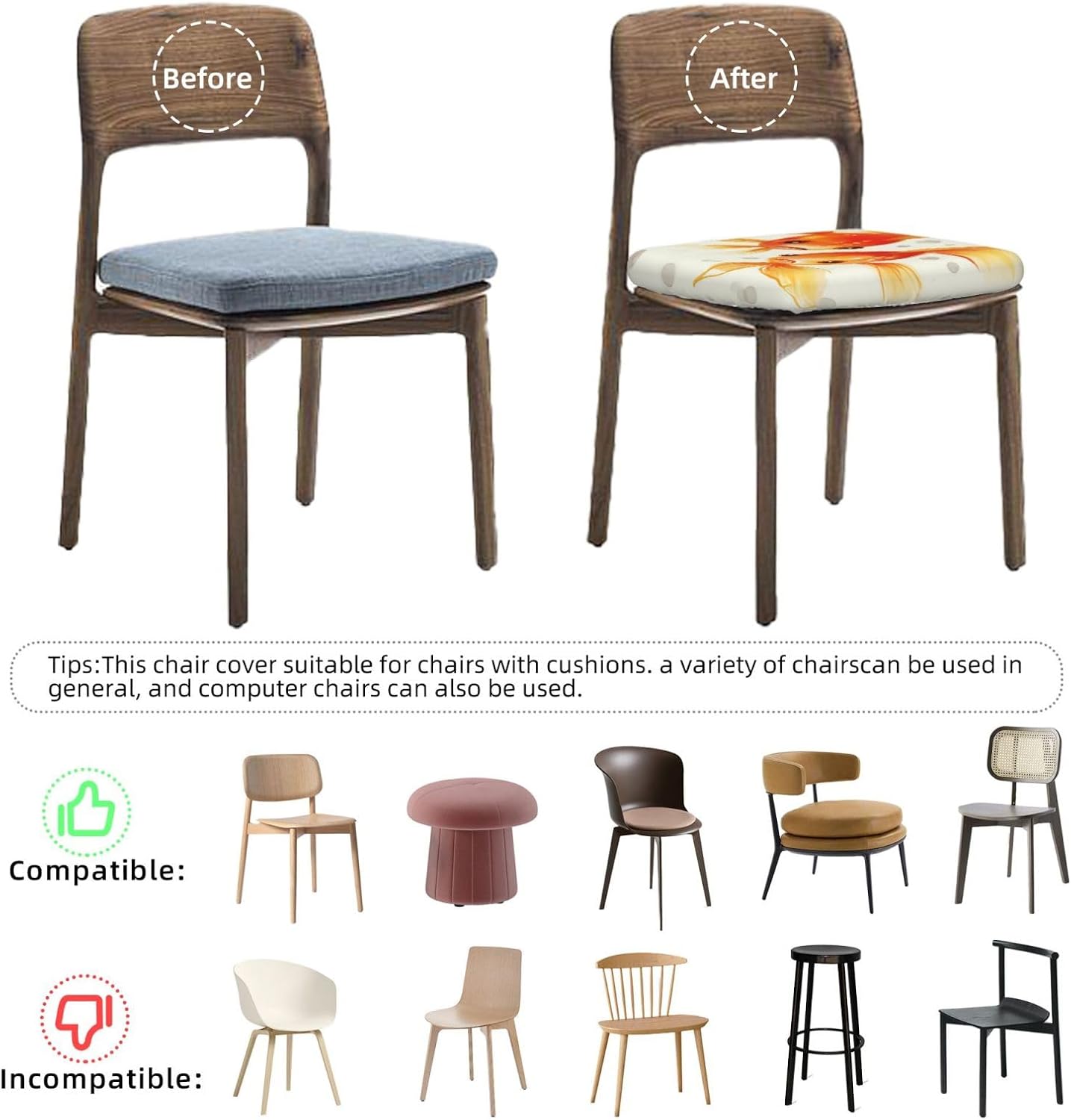 Cute Fish Print Square Cushion Covers 6 Pcs Set Elastic Non-Slip Seat Cushion Slipcovers Pet Furniture Protectors for Chair, Sofa