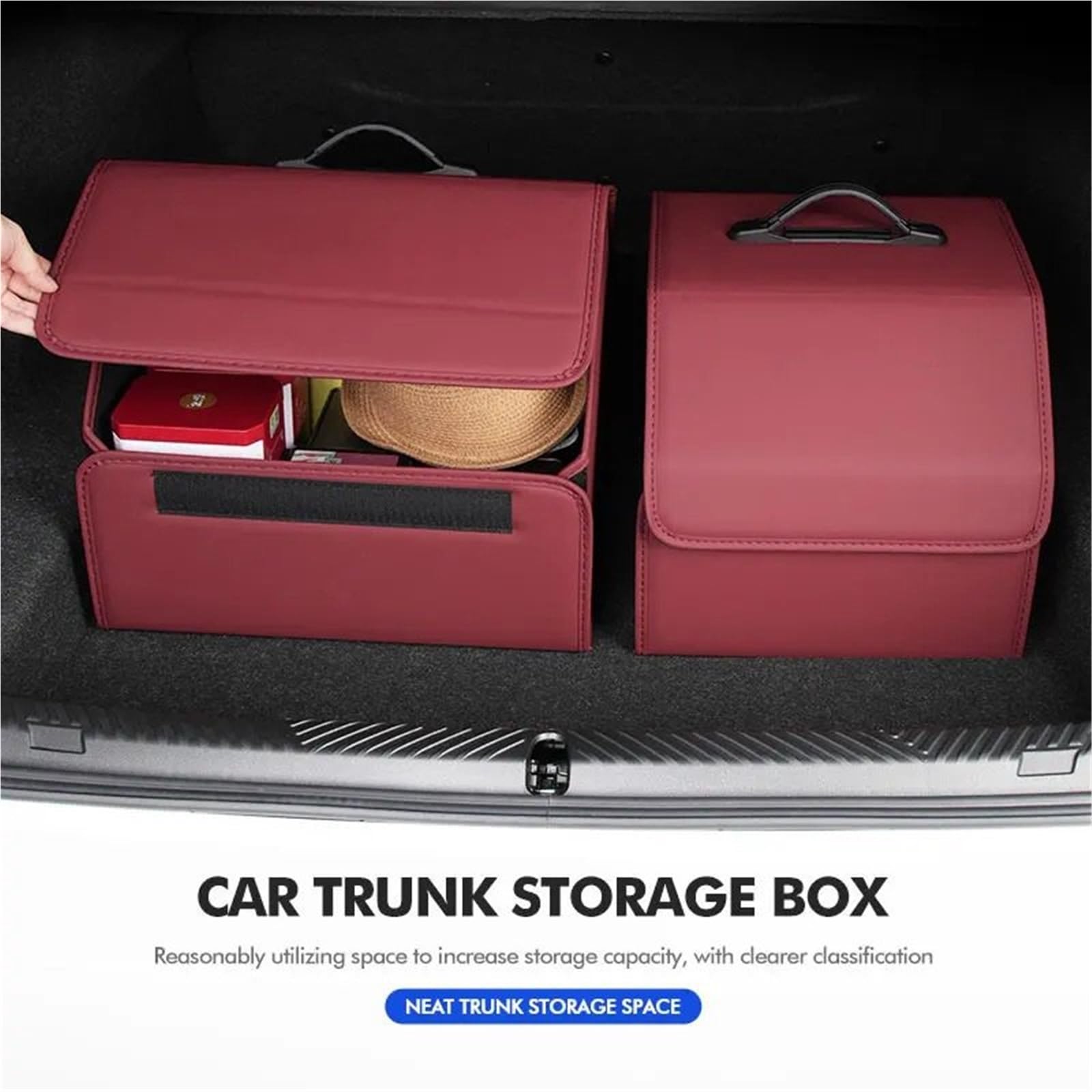 Składany organizer podróżny do bagażnika samochodowego, skórzany, pasuje do większości modeli Organizer wzmocniony(Red-1PCS,L)