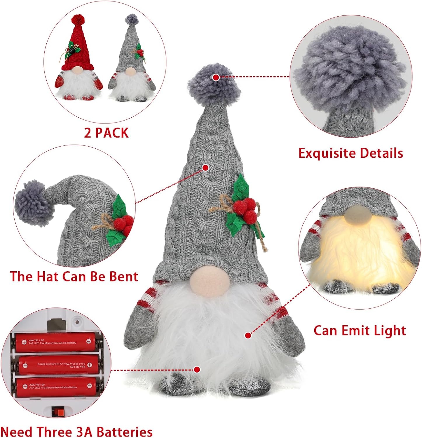 HORLIMER 2 Pcs 11.8 inches Lighted Christmas Gnomes Decorations, Light Up Swedish Santa Gnomes Plush for Christmas Xmas Decor