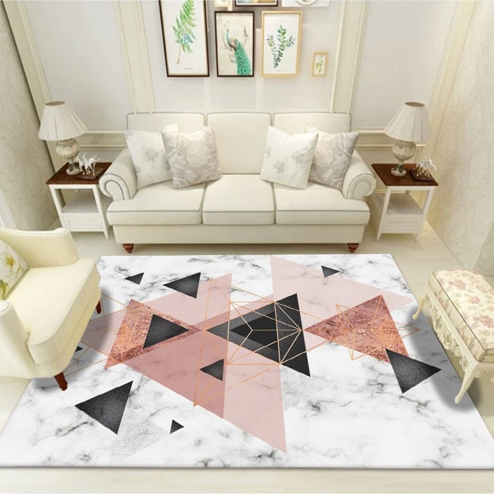 Tapis salon marbre rose antidérapant lavable pour couloir et extérieur