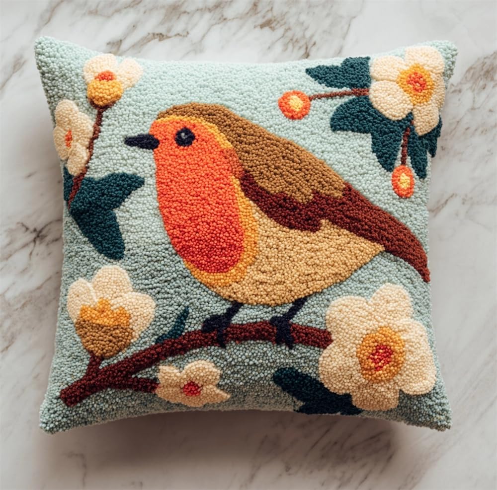 kitphoenix Latch Hook Cushion Kits for Adults Robin and Flowers