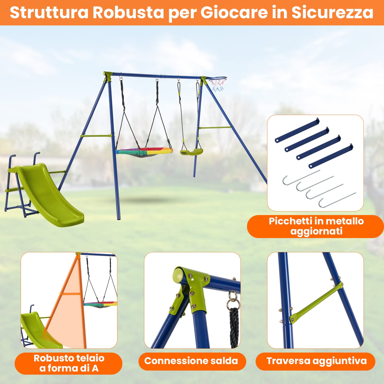 COSTWAY 4 in 1 Set di Altalena da Giardino per Bambini con Scivolo, Canestro Basket, Altalena a Nido, Altalena con Sedile, Corde Regolabili e Struttura in Metallo, per Interno ed Esterno