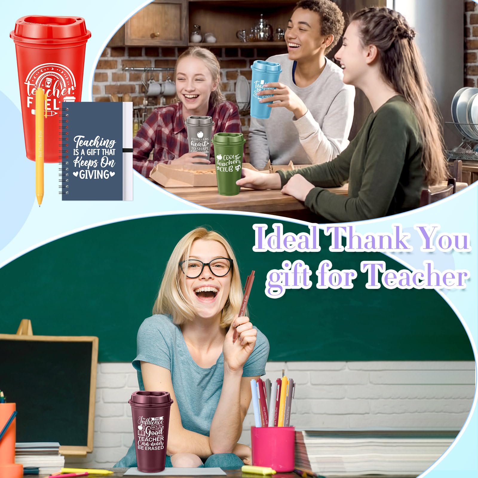 LemonRoad 36 tazze da caffè in plastica con coperchio, cannuccia, quaderni e penna, per insegnanti, festa degli insegnanti, set regalo di ringraziamento per consulente mentore (desiderio