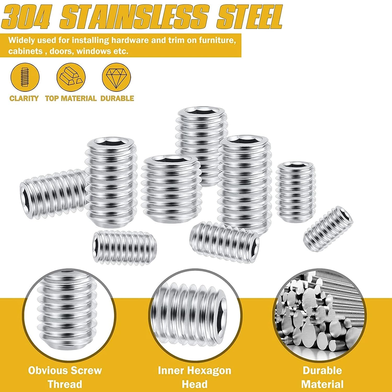 QLOUNI 200pcs M3 M4 M5 M6 M8 Allen Head Socket Hex Grub Screw Set Cup Point Assortment Kit (Metric, 304 Stainless Steel)
