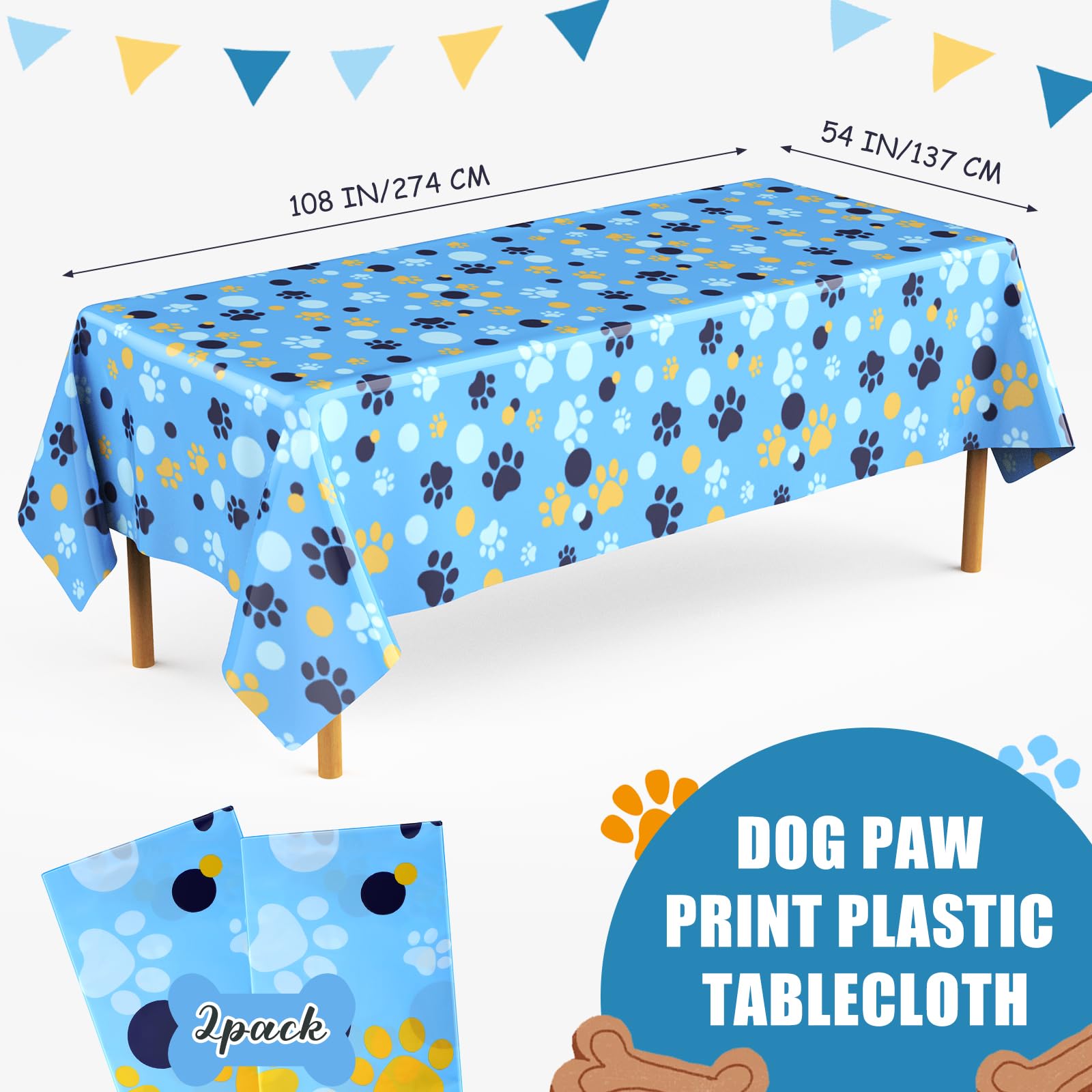Gilprop 2 Pack Blue Dog Paw Print Tablecloth 54x108 Inch Large Puppy Themed Tablecloth Plastic Disposable Rectangle Table Cover for Puppy Dog Cat Birthday Party Supplies(Blue,Paw Prints)