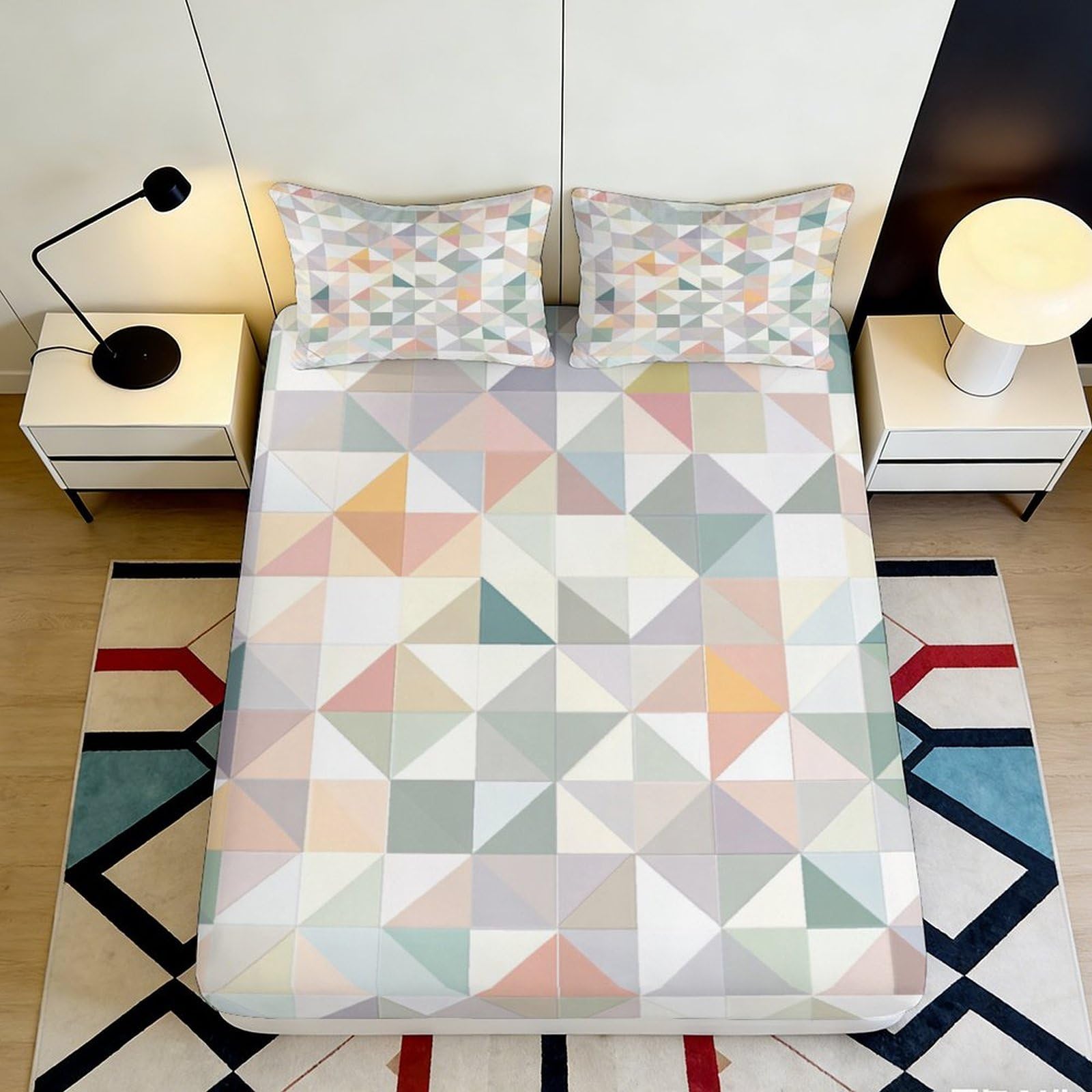 Pnayamiorkfel Style-8 3D Printed Pastel Geometric Fitted Sheet Microfiber Soft Breathable Abstract Triangle Mattress Cover For Bedroom Guest Room Decor 90X200x25cm