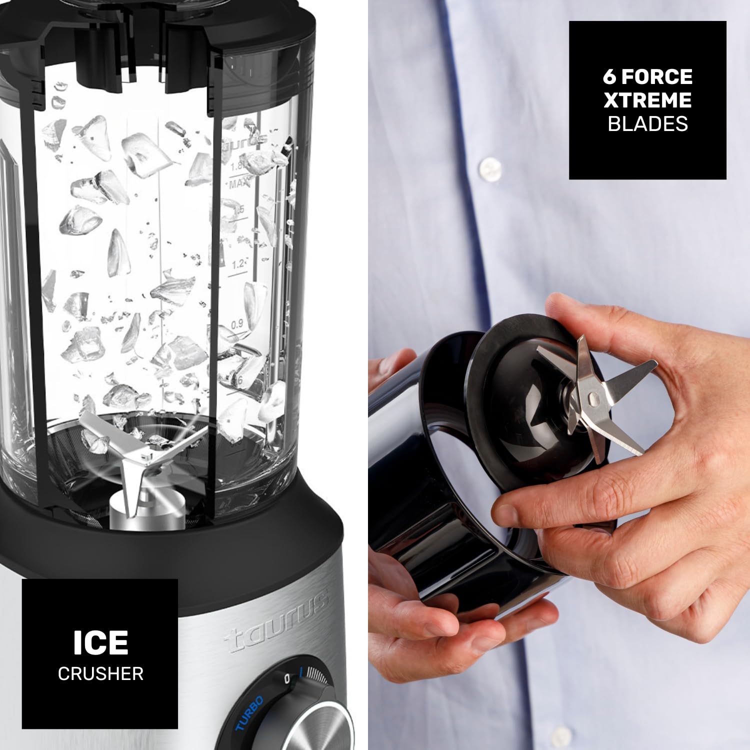 Taurus - Batidora de Vaso 1800W, 1,8L, Pica Hielo, 6 Cuchillas Inox