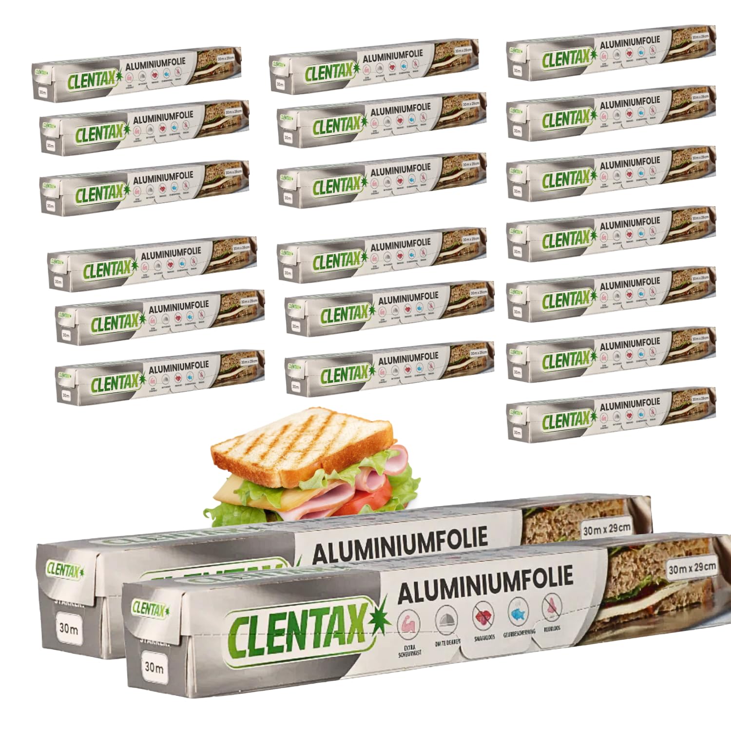 CLENTAX Aluminiumfolie 24 St x 30m Extra Reißfest Alufolie für Gastro - Geruchsneutral Geruchtsschutz - Küchenfolie für Catering, Lebensmittelverpackung, Backen & Grillen