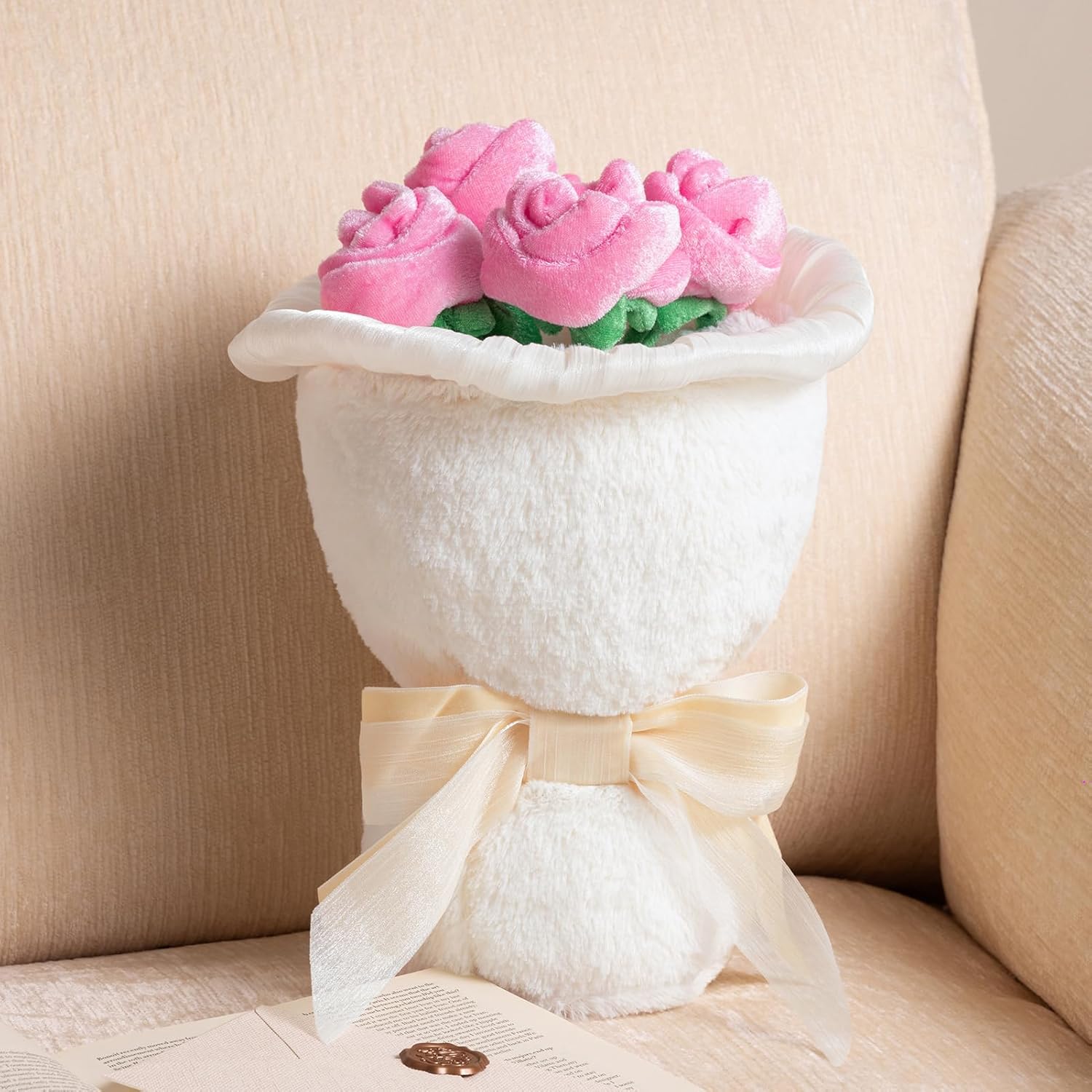 Phantoscope Valentine Pillows, Handcrafted Plush Rose Bouquet Shaped Pillow Valentines Day Decorations Throw Pillow for Home Living Room Sofa Couch, Off White, 10.5 X 10 Inches