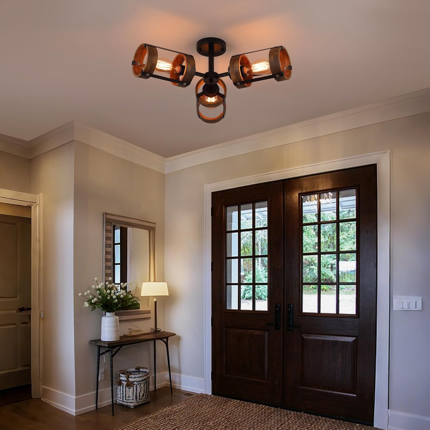 3-Light Large Rustic Farmhouse Wood Flush Mount Ceiling Light Fixture 25.6 inch Oak Wood and Metal Cage Semi Flush Mount Ceiling Light for Entry Hallway Dining Bedroom Living Room Farmhouse, Black