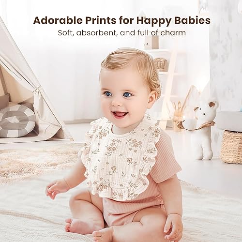 Miniatura 5 de Konssy Baberos de muselina para niñas, baberos suaves 100% algodón, ribete de volantes para recién nacidos y niños pequeños de 0 a 36 meses, paquete