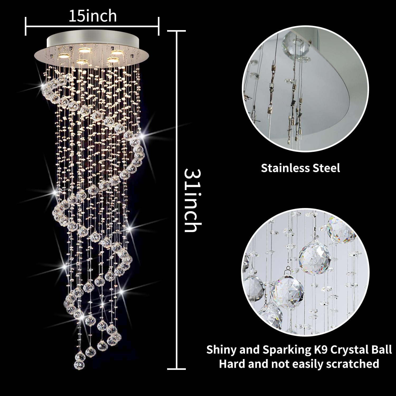 Elegance Spiral Chandelier for Dining Area, Modern Swirl Raindrop Chandelier Light Fixture for Foyer Hallway Crystal Chandeliers for High Ceilings, Modern Hanging Light D15" x H31" of CRYSTOP