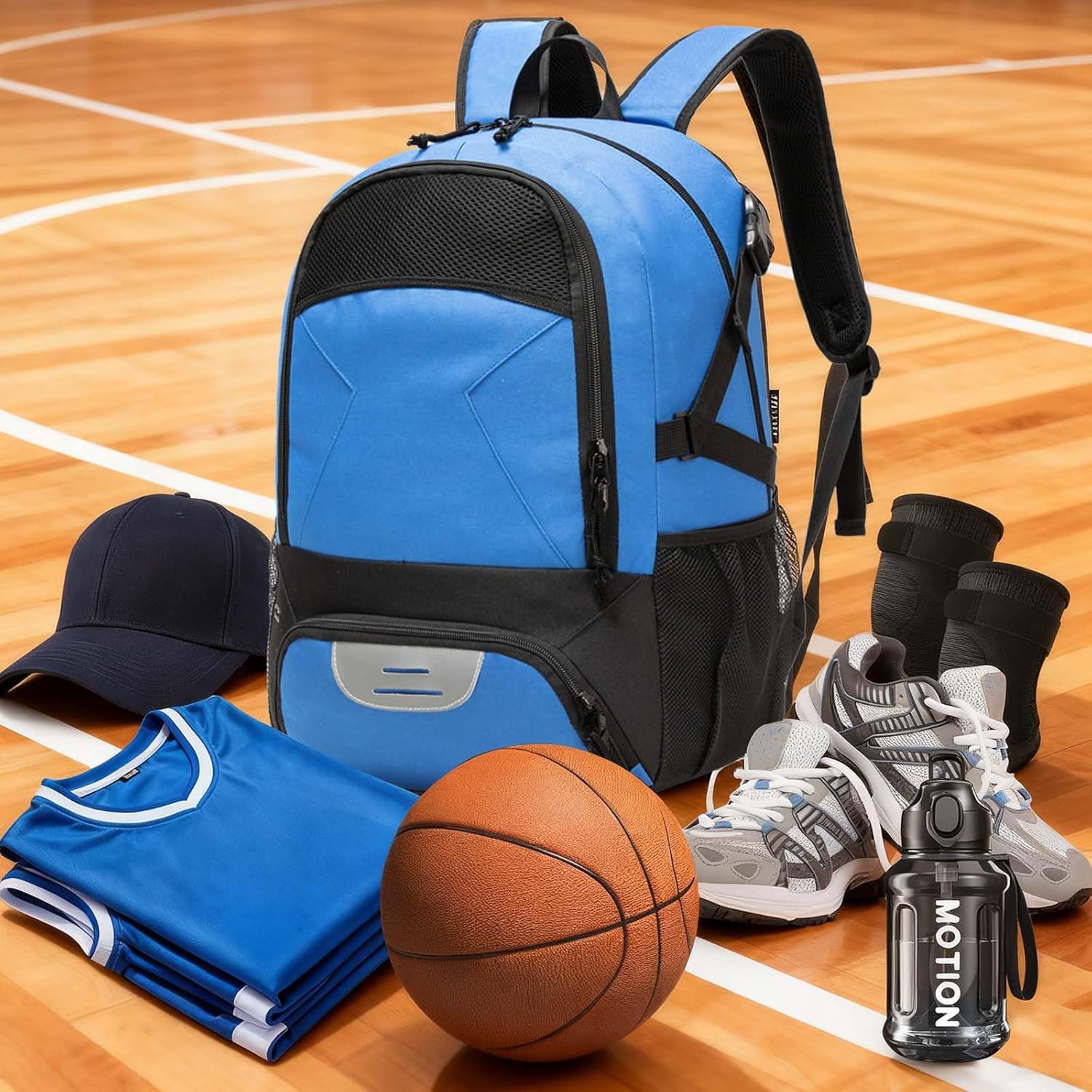Basketball Backpack - Large Sports Equipment Bag with Ball Holder & Shoe Compartment for Basketball. (blue) - Image 6