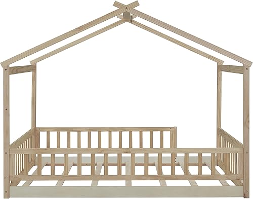 Miniatura 8 de Cama de casa de tamaño matrimonial con barandillas de valla, marco de cama de madera estilo Montessori para niños, divertidas camas de casa de