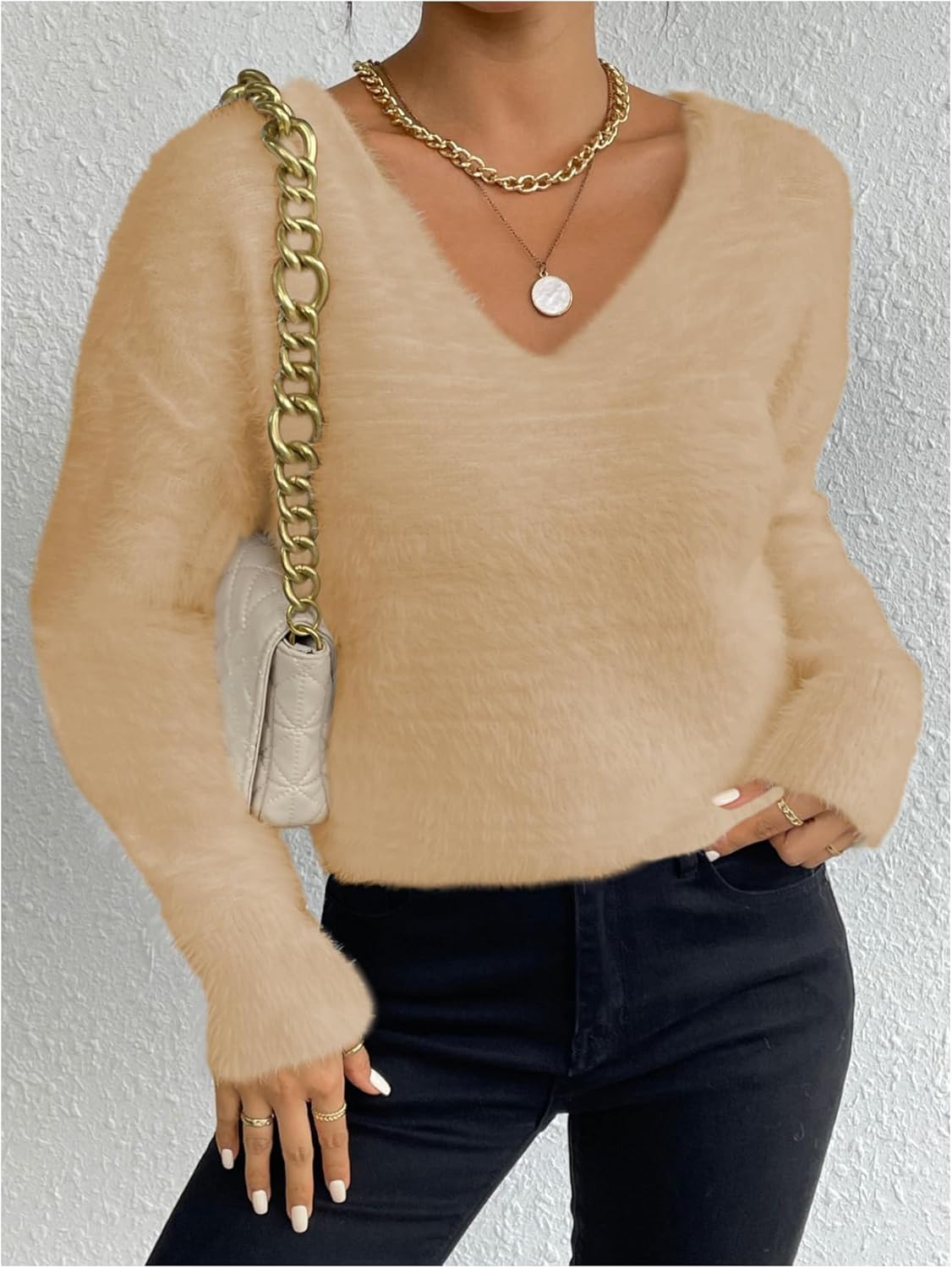 Verdusa Women's Fuzzy Cozy Sweaters V Neck Off The Shoulder Long Sleeve Pullover Fall Sweater - Image 4