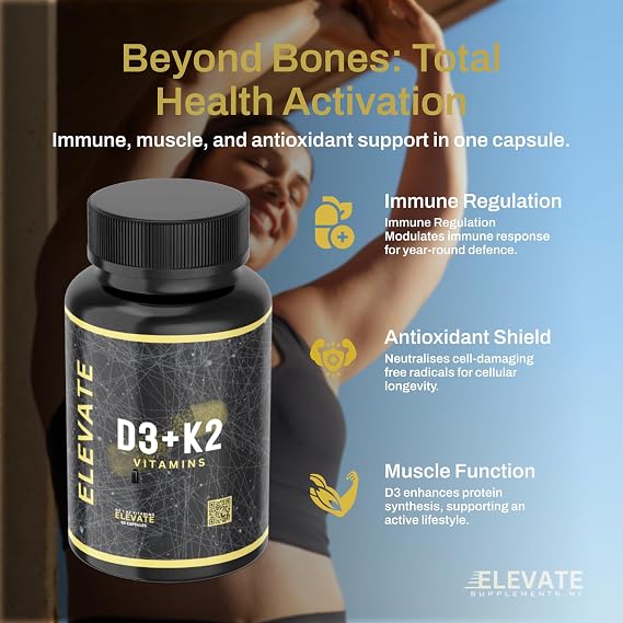 Elevate Supplements Vitamins D3 + K2, 60 Capsules | High Strength Vitamin Supplement for Bone, Brain, Heart, Immune & Muscle Support | Bioactive & Antioxidant Formula | Daily Calcium Absorption Aid