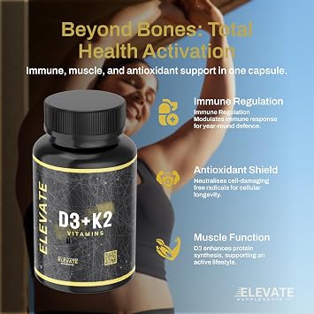 Elevate Supplements Vitamins D3 + K2, 60 Capsules | High Strength Vitamin Supplement for Bone, Brain, Heart, Immune & Muscle Support | Bioactive & Antioxidant Formula | Daily Calcium Absorption Aid