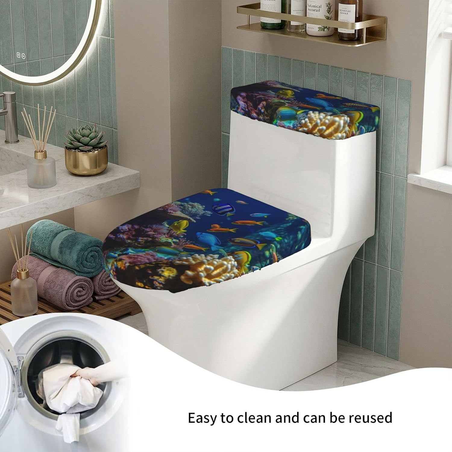 2 Pcs Toilet Lid Cover and Toilet Tank Lid Cover, Washable Toilet Cover with Elastic Bottom Replacement Soft Stretch Toilet Seat Cover Set Tropical Fish and Corals Bathroom Decor image 5