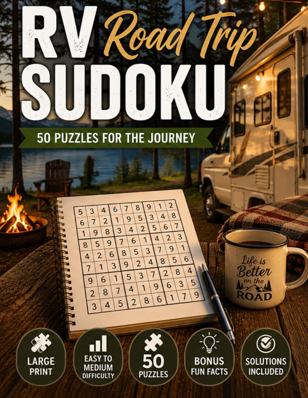 RV Road Trip Sudoku: Large Print Easy to Medium Sudoku Puzzles with Fun RV Travel Facts for Relaxing Screen-Free Entertainment (Travel Escape Sudoku Series)