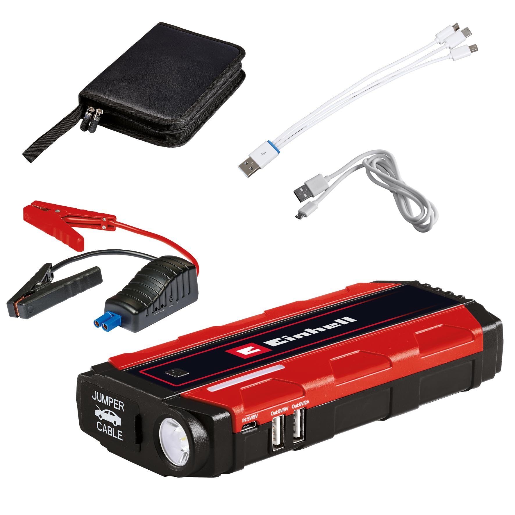 Einhell Jump-Start - Banco de energía CE-JS 8/1 | 12 V | batería LiPo | 3x 2500 mAh | ayuda arranque | indicador LED: nivel de carga | 12 V/200 A | cables de arranque | 2x USB