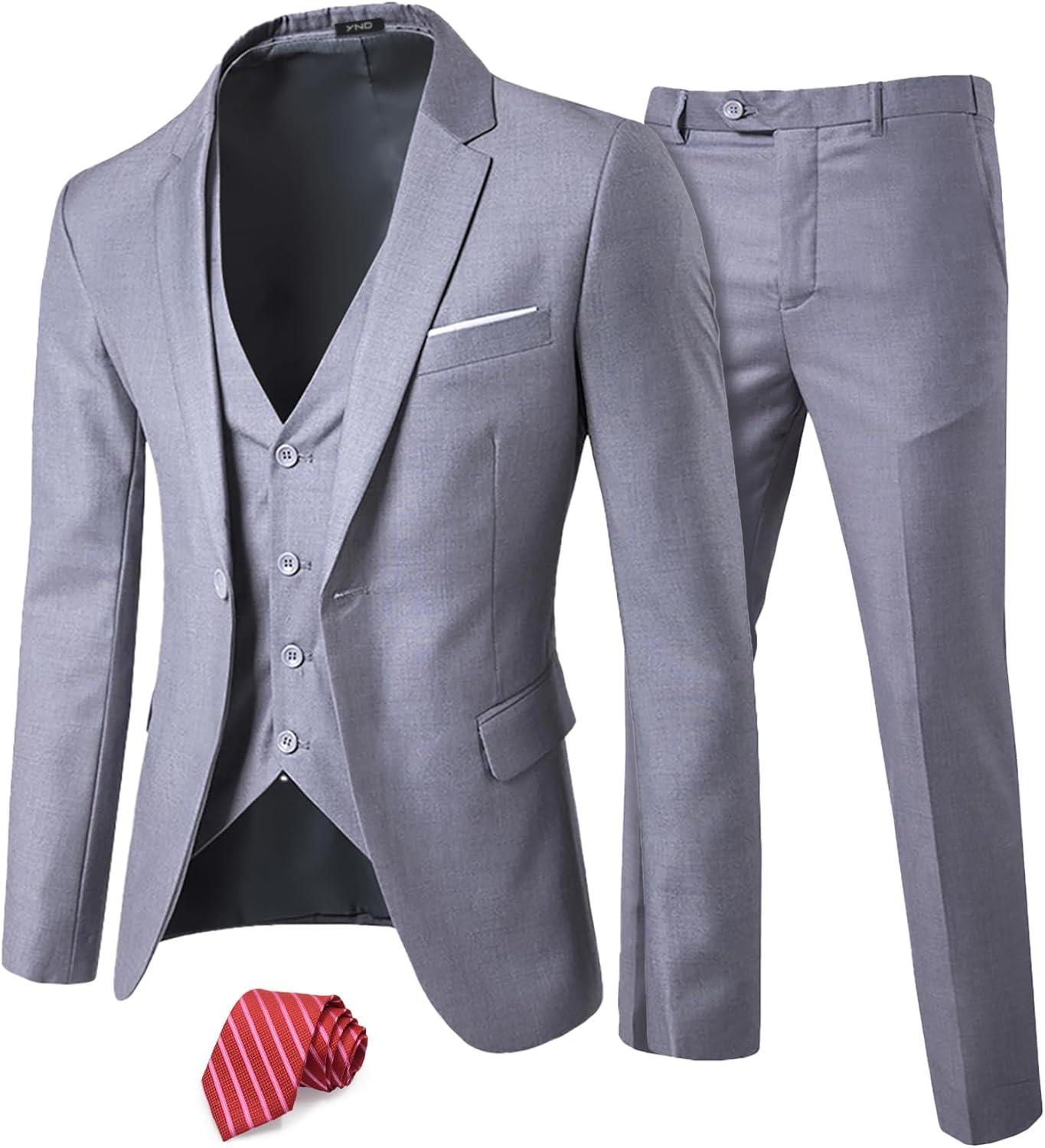 YND Men's Slim Fit 3 Piece Suit, One Button Solid Jacket Vest Pants Set with Tie