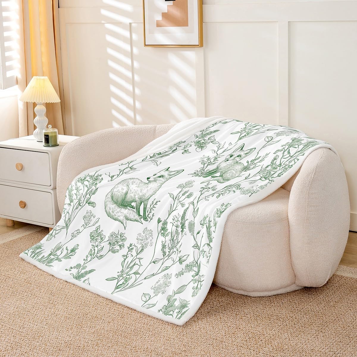 Erosebridal Kids Fox Throw Blanket Botanical Leaves Flowers Fleece Blanket Queen, Wild Animal Print Fuzzy Blanket for Boys Girls Cartoon Wildlife Damask Floral Decorations Sherpa Blanket
