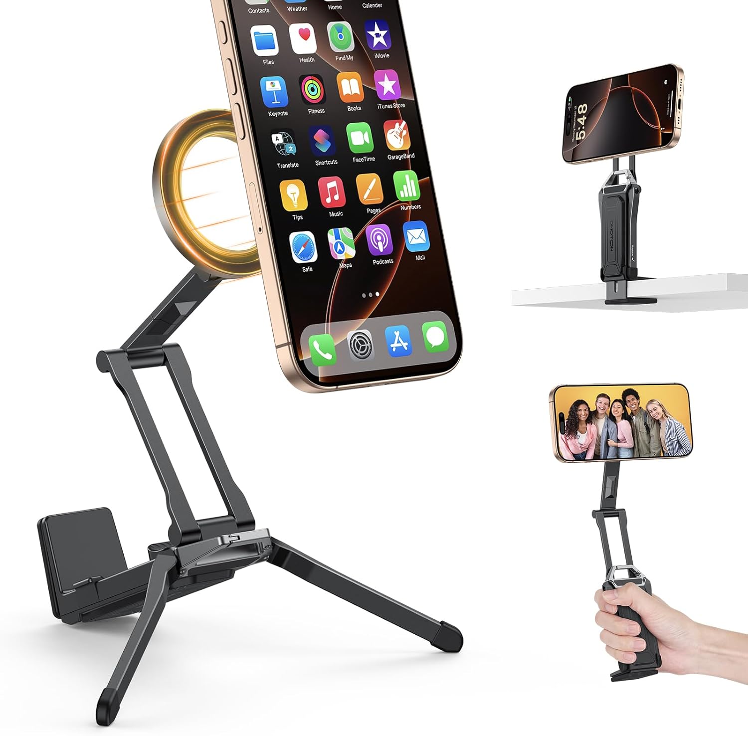 OMOTON 360°Rotating for MagSafe Tripod Mount, Adjustable Aluminum Magnetic Phone Tripod for iPhone 17/16/15/14 Pro Max Air, Foldable Cell Phone Stand Fits Vlog, Gym, Travel Essentials Accessories