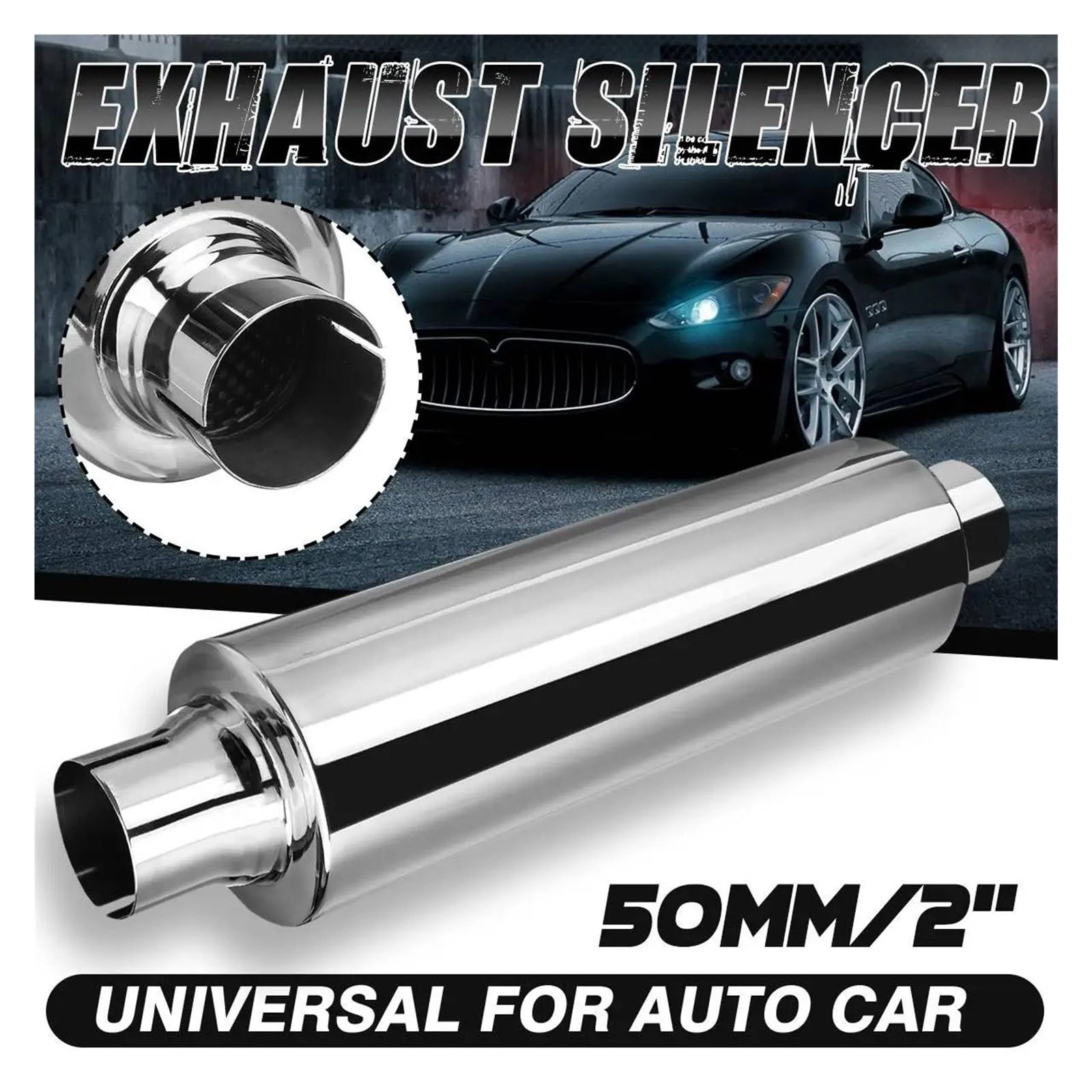 Inossidabile Uscita Singola Curva Argento Silenziatore Universale Per Tubo Di Scarico Auto Da 2" 50Mm Con Punta In Acciaio Inossidabile Lunghezza 16 Pollici