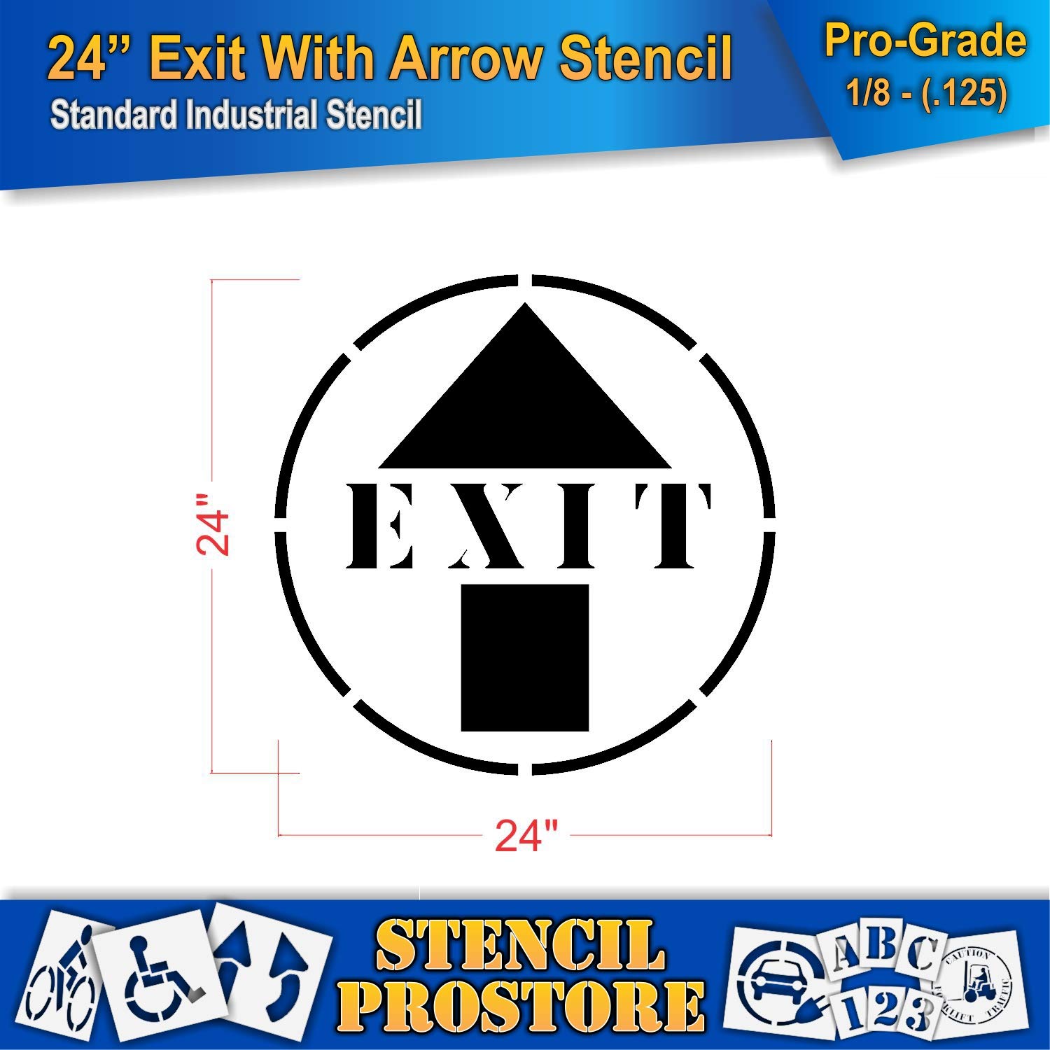 Safety Floor Marking Stencil - 24 inch EXIT with Arrow Stencil - 24'' x 24'' x 1/8'' (128 mil) - Pro-Grade