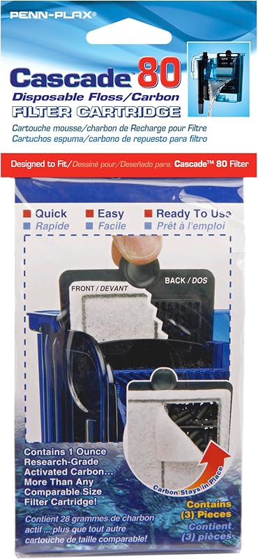 Penn-Plax Cascade 80 Hang On Filter Replacement Media, 3 Pack - Dual-Sided Aquarium Filter Cartridge with Activated Carbon & Poly-Fiber Floss for CPF1 - Fresh & Saltwater Use -Blue, 5.25x2.75x0.75 in