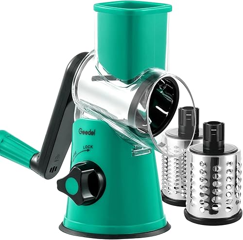 Geedel Rallador rotativo de queso, rebanador de verduras de mandolina de cocina con 3 cuchillas intercambiables, fácil de limpiar, rallador