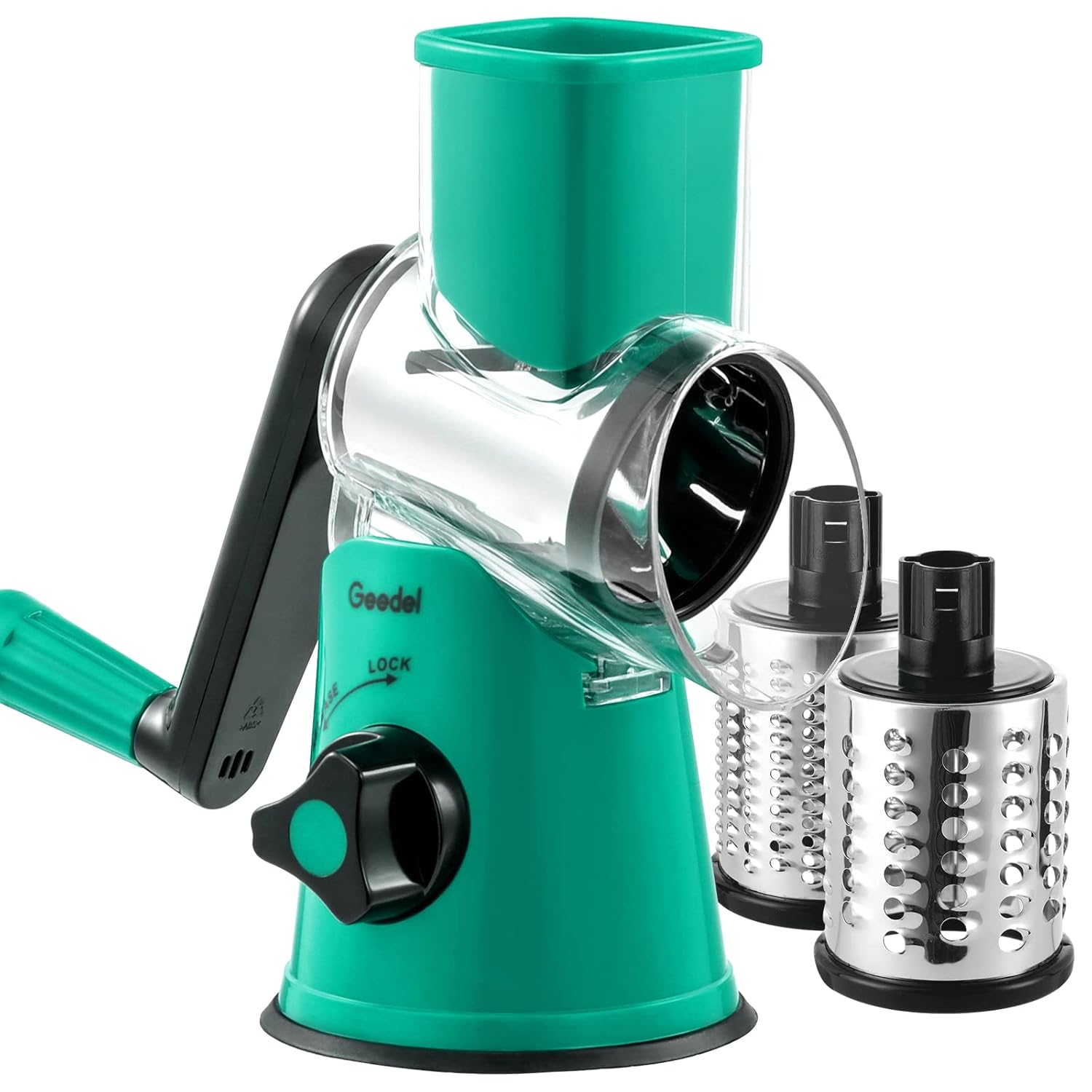 Geedel Rotary Cheese Grater Kitchen Mandoline Vegetable Slicer with 3 Interchangeable Blades Easy to Clean Rotary Grater Slicer