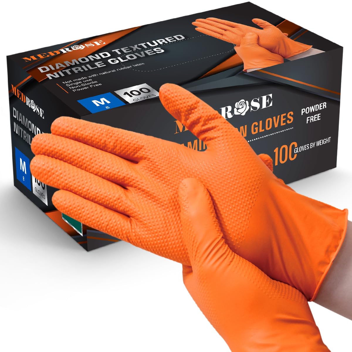 MedRose Disposable Nitrile Gloves –Raised Diamond Texture, Extra Thick, Latex-Free, Powder-Free, Orange Gloves - Ideal for Industrial, Lab, Automotive, and Mechanic Use – Large– 100 Gloves per Box