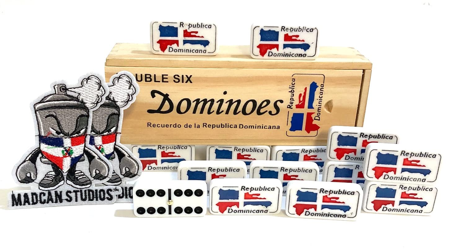 Artist Unknown Dominican Republic Flag Santo Domingo Double Six Dominoes Tiles in Wooden Case