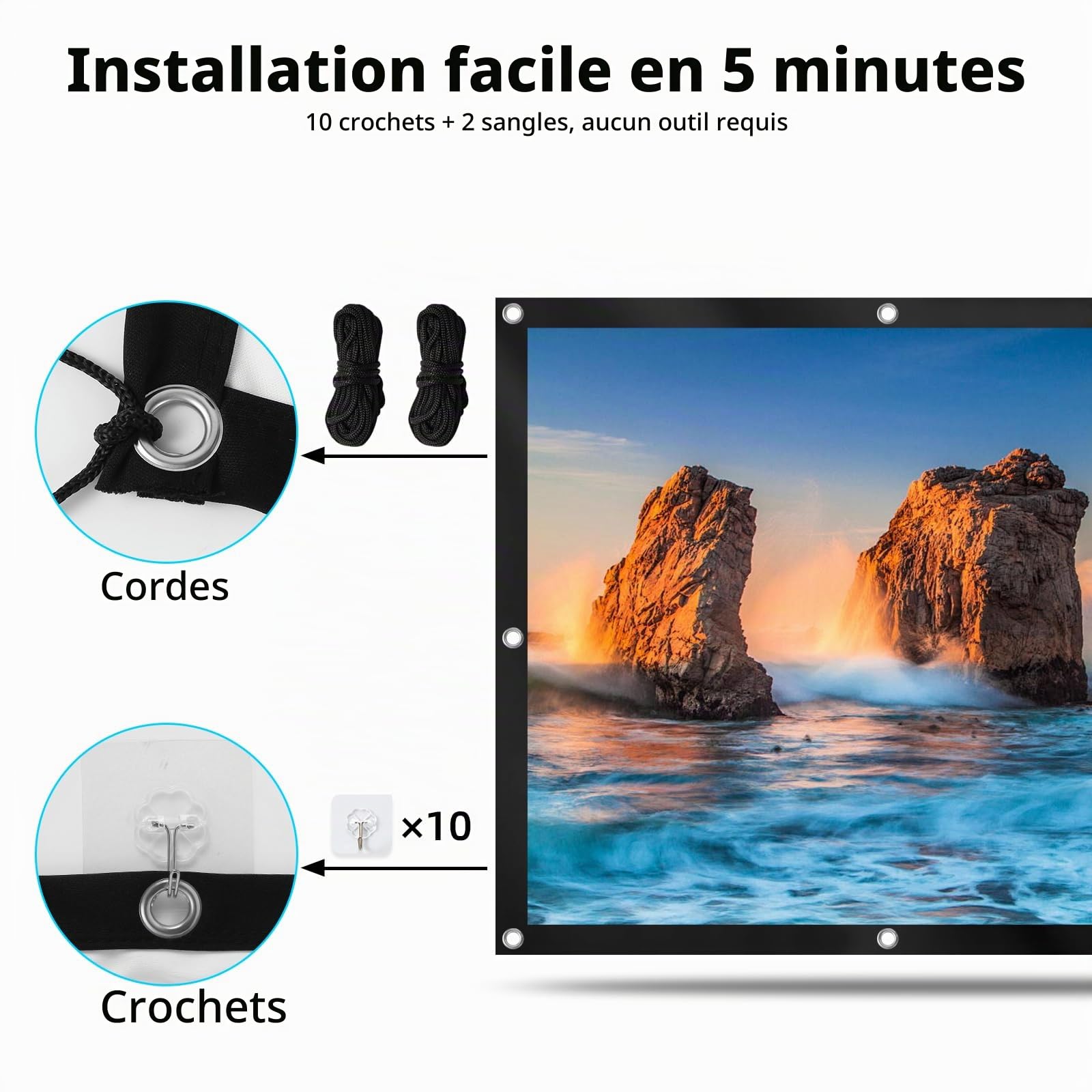 Écran de Projection Portable 150" 16:9 4K HD, Soie de Lait épaissie