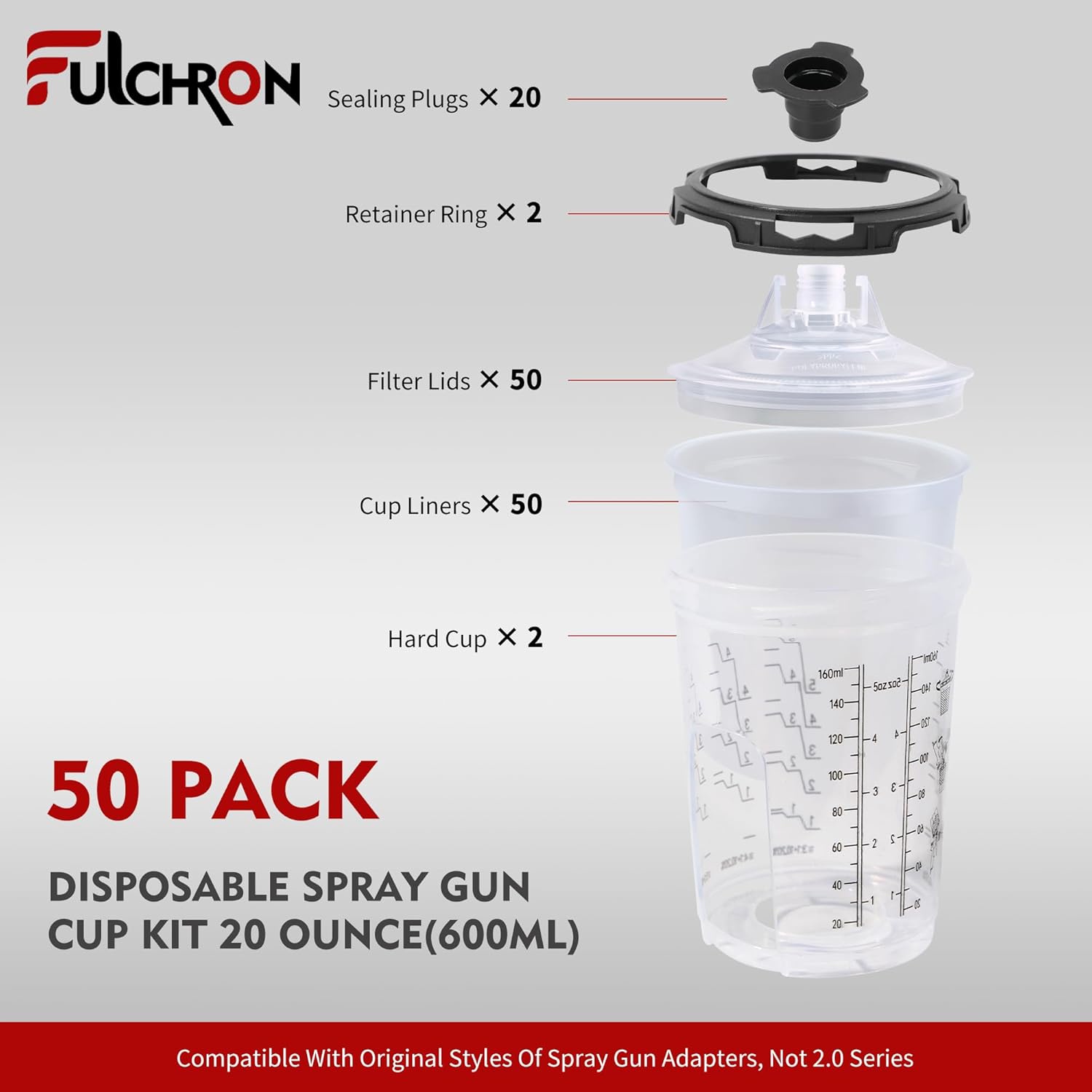 Disposable Paint Gun Cups Kit, 6oz (160ml) - 50 Cups with Lids, 2 Hard Cups & Retainer Rings for HVLP Spray Guns