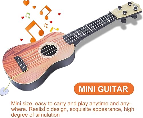 Miniatura 7 de YOLOPLUS+ Ukelele de juguete para niños, juguete musical de guitarra para niños, 4 cuerdas de acero de 17 pulgadas, con púa, para niños juegan con
