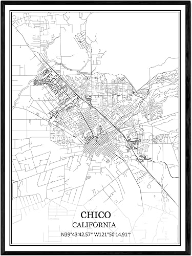 TANOKCRS Póster impreso en lienzo con diseño de mapa de Estados Unidos de América de Chico California, sin marco, moderno, en blanco y negro, para