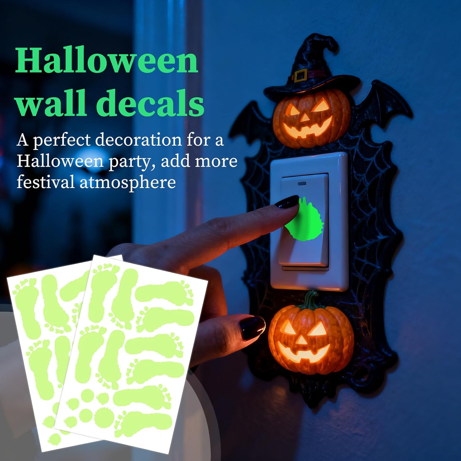 Operitacx Halloween Glowing Stickers Luminous Handprint and Footprint Wall Decal Self-Adhesive Fluorescent Window Sticker for Halloween Party Home Decoration
