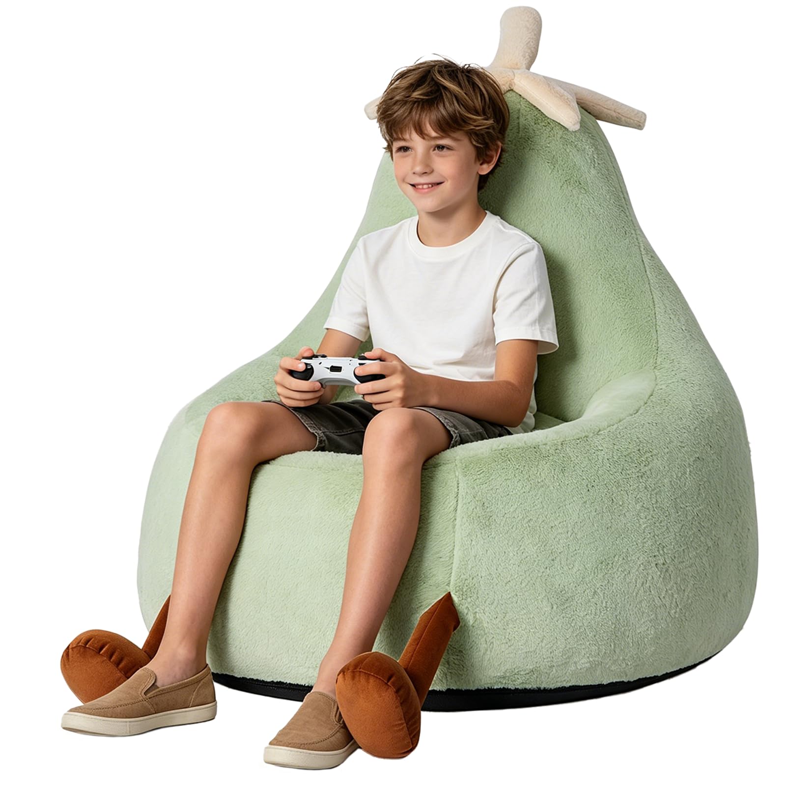 31 Inches Memory Foam Bean Bag Chair - Ultra Soft Faux Rabbit Fur Sofa with Handle &amp; Machine Washable Cover, Comfy Lazy Chair for Kids Teens, Perfect for Reading Gaming in Living Room Bedroom，Green