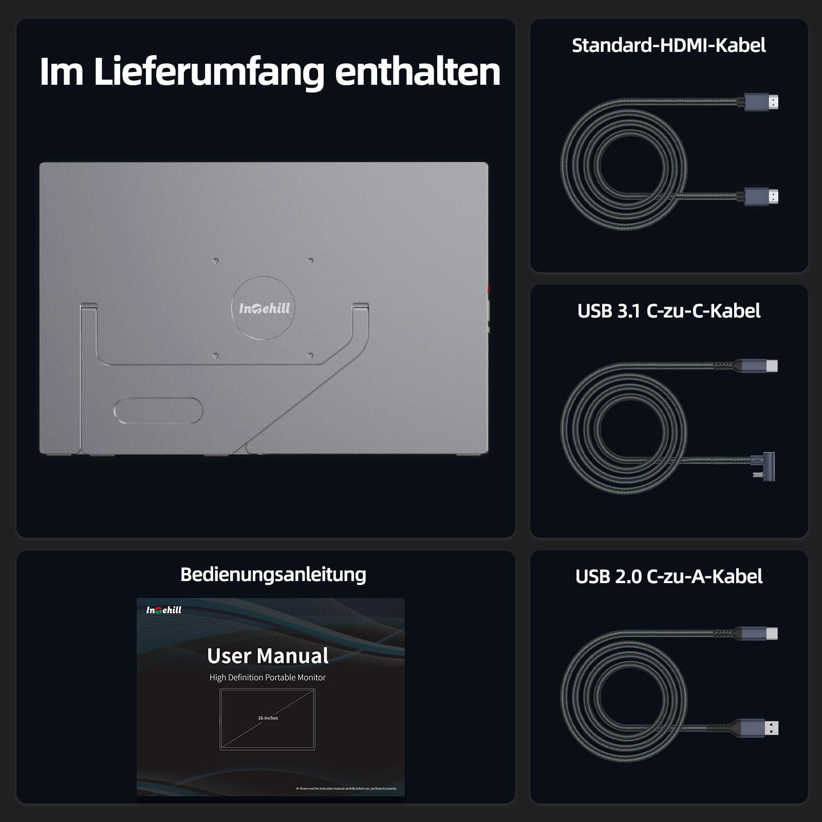 Intehill Portable Monitor Touchscreen 16 Zoll 2,5K 120Hz Gaming, Tragbarer Monitor Touchscreen, USB-C Monitor mit 10-Punkt Multi-Touch, 400Nits, 100% sRGB, Glänzend, VESA, Alu-Gehäuse
