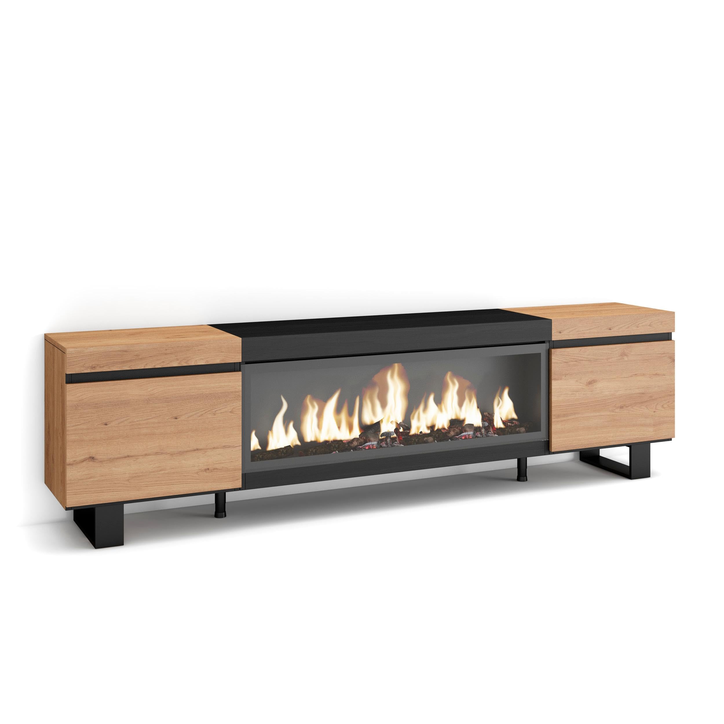 Skraut Home | Mueble TV | Televisión | Muebles de salón, almacenaje | 210 | para TV hasta 80" | Chimenea eléctrica XXL | Diseño Industrial | Estilo Moderno | Roble y Negro
