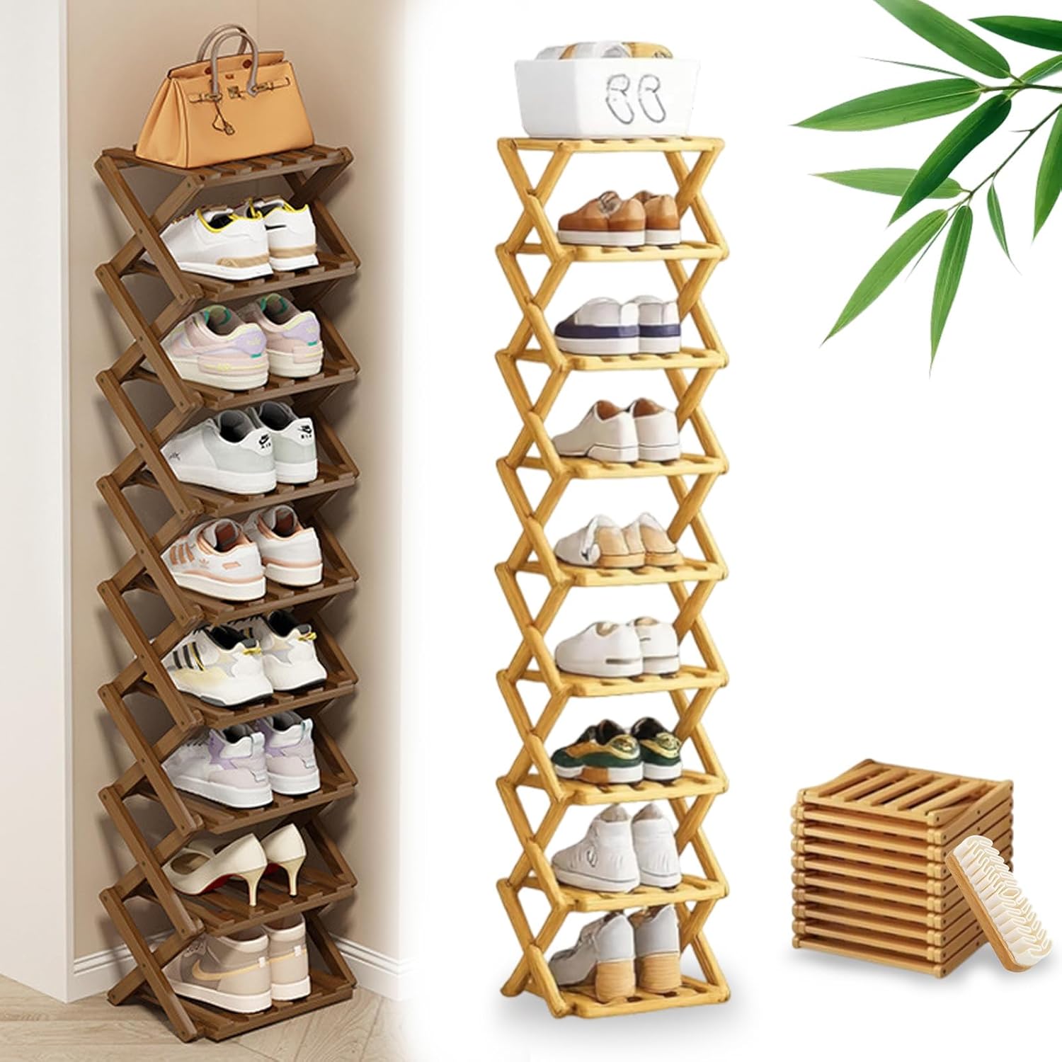 DDRIC The 9-Tier No-Assembly Bamboo Rack, Foldable 9 Tier Bamboo Shoe Rack with Collapsible Vertical Design, Space-Saving Shoe Storage Shelf for Entryway Closet Dorm, No-Tool Assembly (Nuture,9)