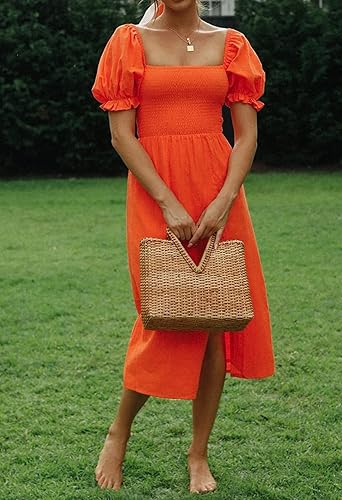 Miniatura 2 de R.Vivimos Vestido de verano para mujer, de algodón, a cuadros, mangas abombadas, casual, hombros descubiertos, bohemio, con abertura lateral