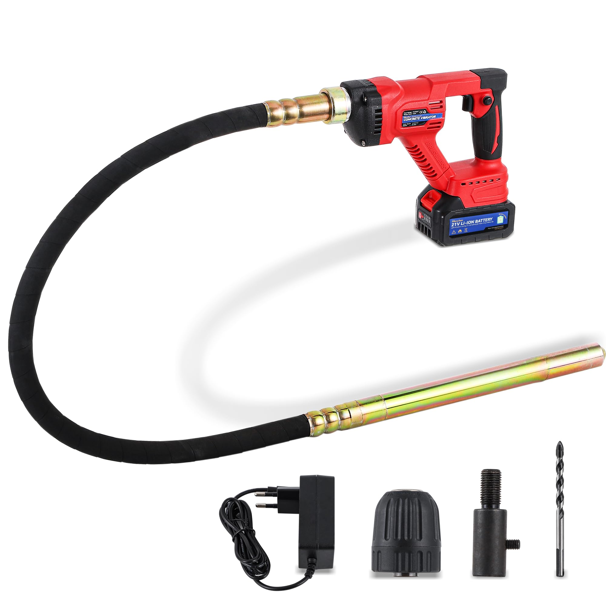 Hanchen Il vibratore elettrico per calcestruzzo 5000rmp senza fili può essere utilizzato come trapano con batteria agli ioni di litio da 21 V-3,0 Ah e caricabatterie, tubo vibrante Ø35 mm (con tubo da