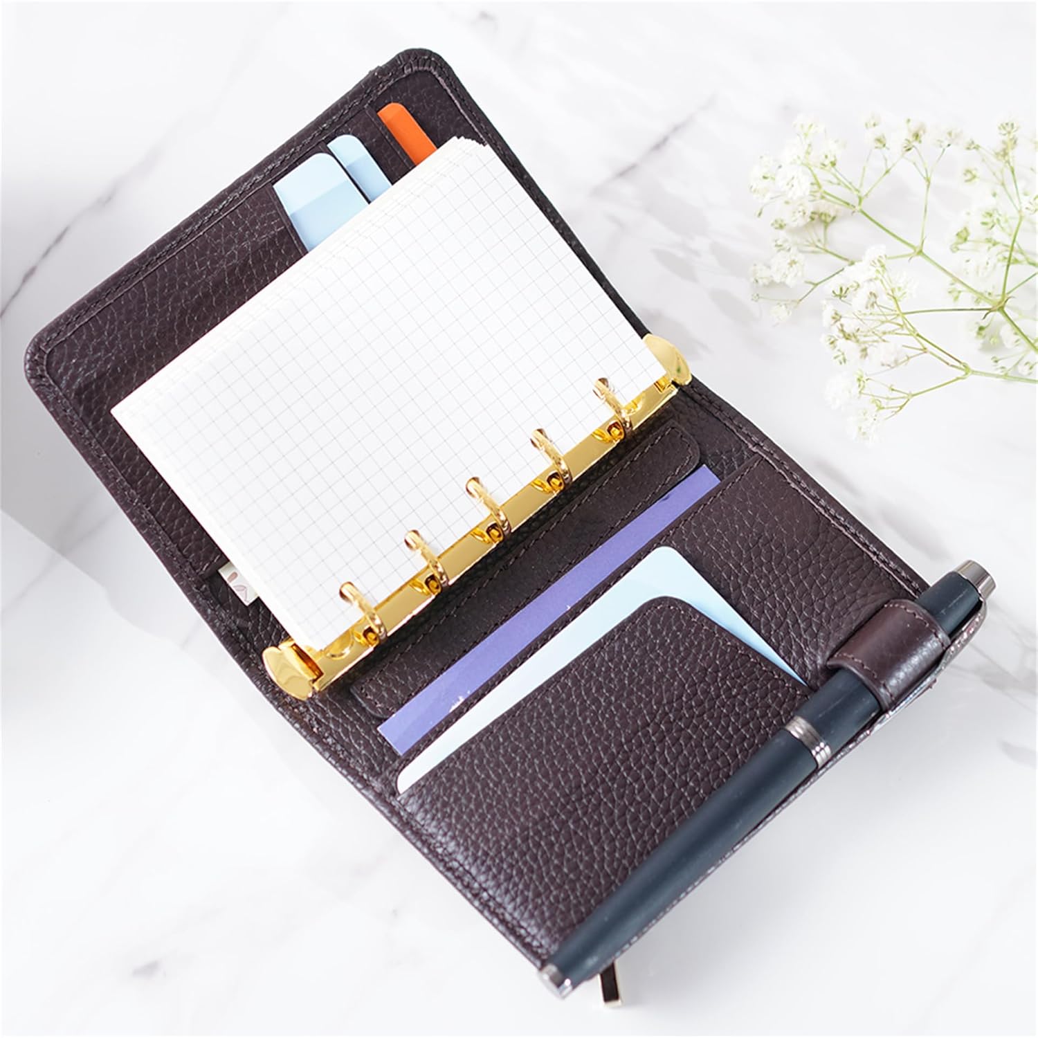 A8 Leather Planner Binder-15mm Ring- Personal Organizer Wallet (A8 Coffee)