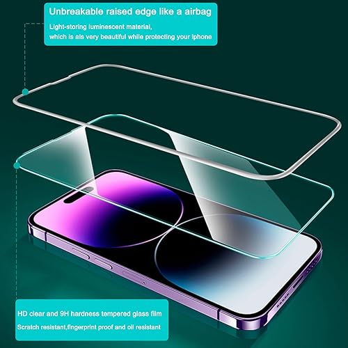 Miniatura 2 de Paquete de 2 protectores de pantalla luminosos de vidrio templado con bolsa de aire para iPhone 14 Pro Max (6.7 pulgadas) con marco de fácil