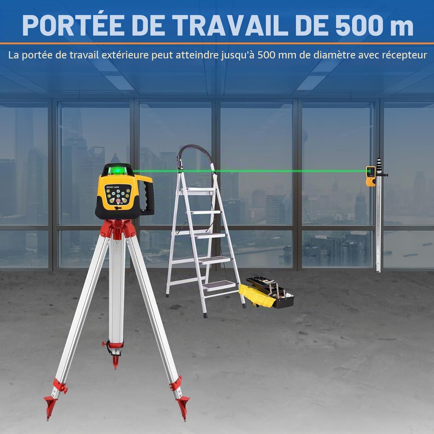Niveau Laser Rotatif Kit de nivellement laser vert, faisceau vert de 500 m, nivellement laser rotatif automatique à 360° pour la construction, avec télécommande et mallette en aluminium