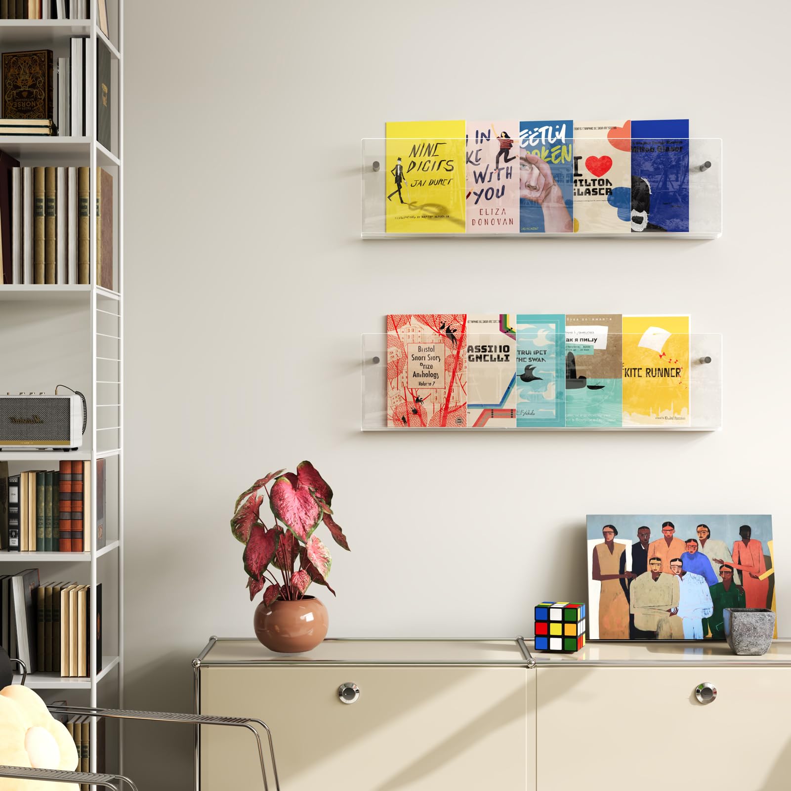 Soporte acrílico para revistas, paquete de 2 estantes colgantes para revistas, soporte flotante montado en la pared para sala de espera, oficina, hogar (transparente, 24 pulgadas)