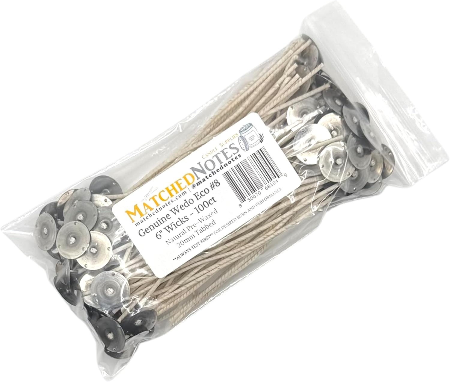 100ct Eco 8 Candle Wicks - 6" Length - 20mm Wick Tab - Natural Wax Coating - Top Selling Wick